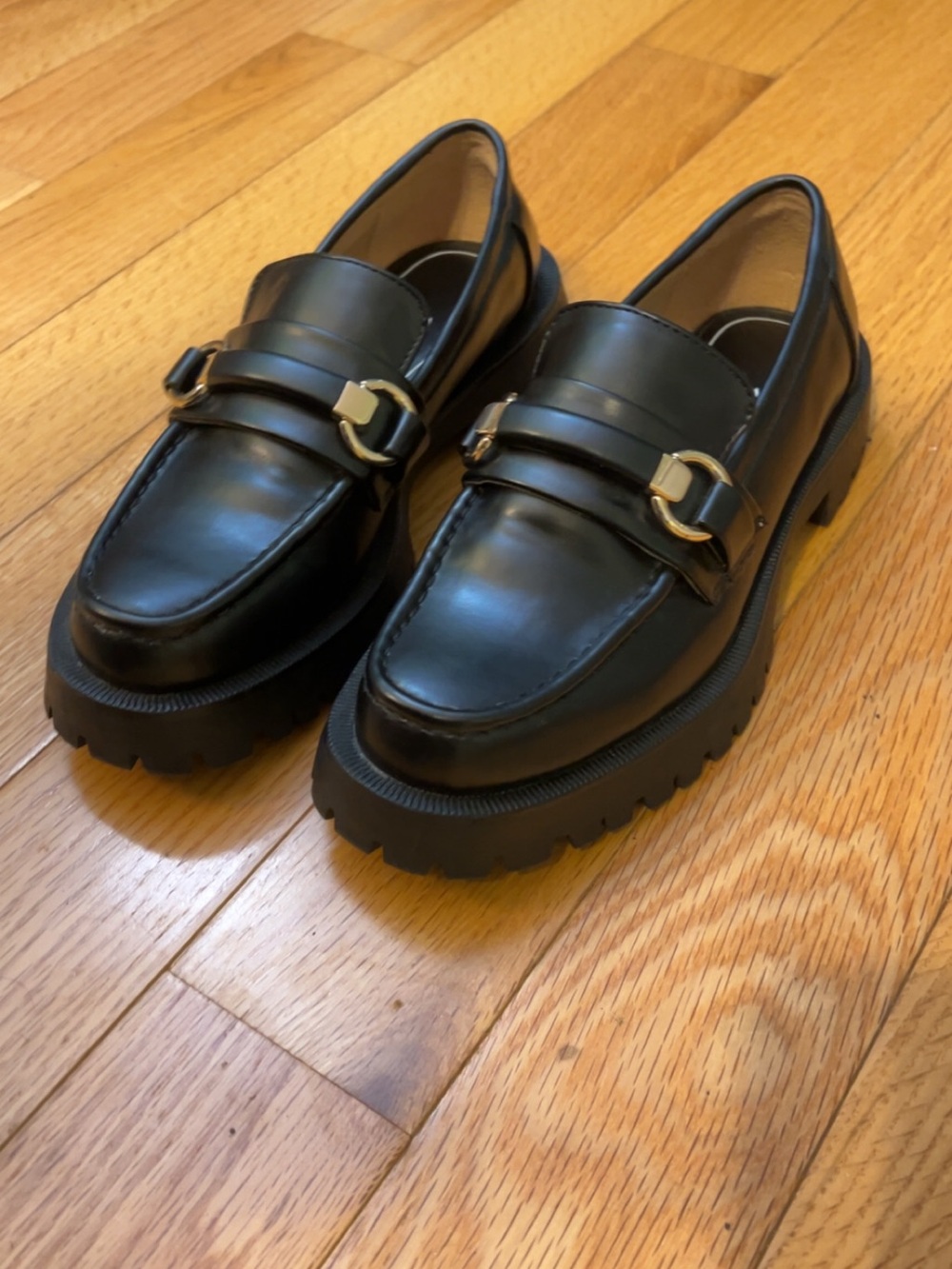 Zara Black Lug Sole Loafers with Gold Buckle